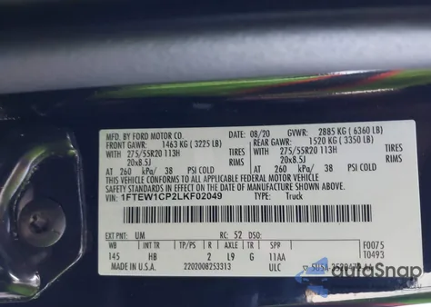 2020 Ford F-150 Lariat из США, поврежденный, VIN 1FTEW1CP2LKF02049